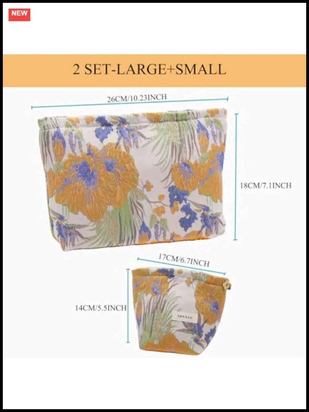 2 Pack Large & Small Embroidered Floral Cosmetic Bags for Travel, Zipper Pouch
